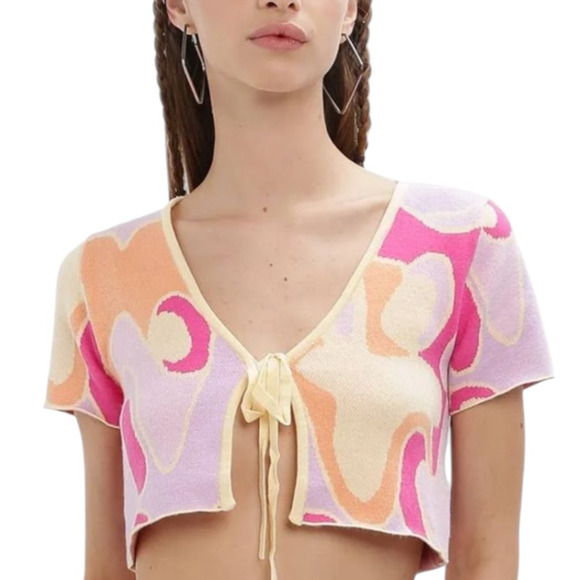 Pepper Mayo On the Record Psychedelic Boho Retro Crop Knit Tie Front Top M/L - Picture 2 of 11